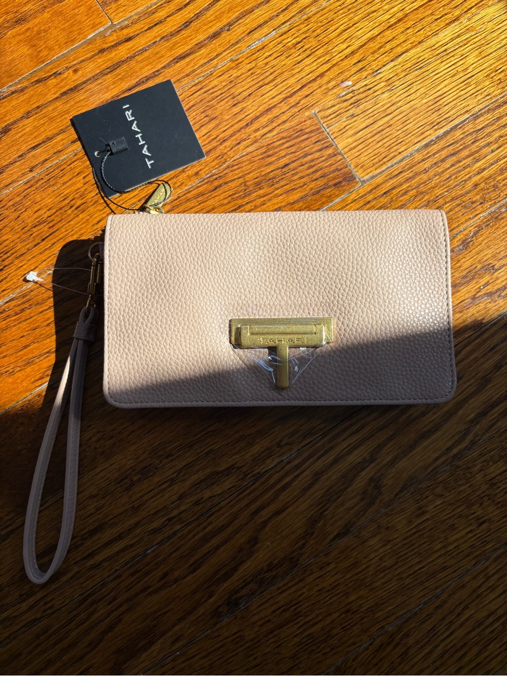 Tahari Beige Leather Wristlet Clutch with Gold Hardware